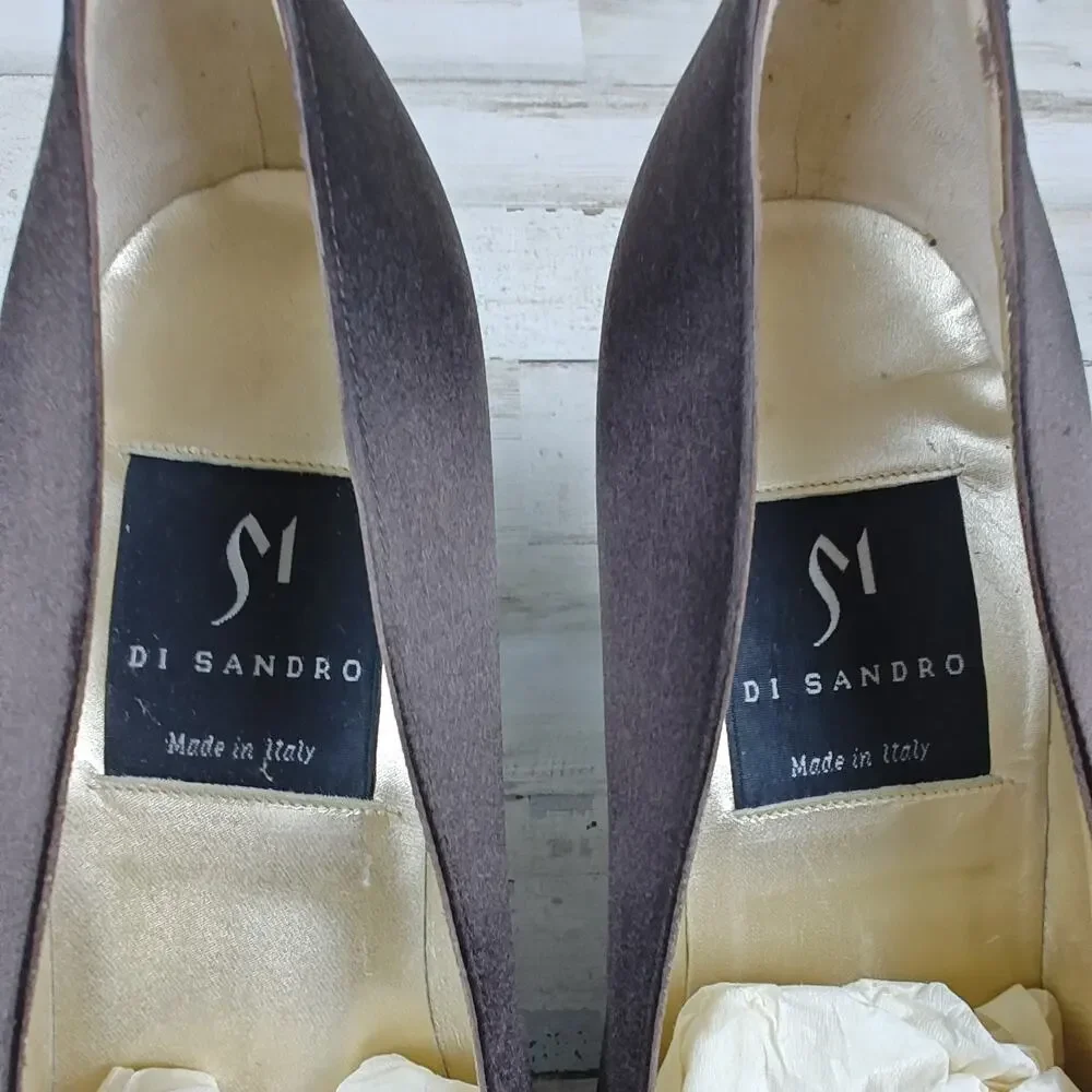 Di Sandro Pumps Brown Satin/Metallic Bronze Leather W/Rhinestone Buckle US9/EU40